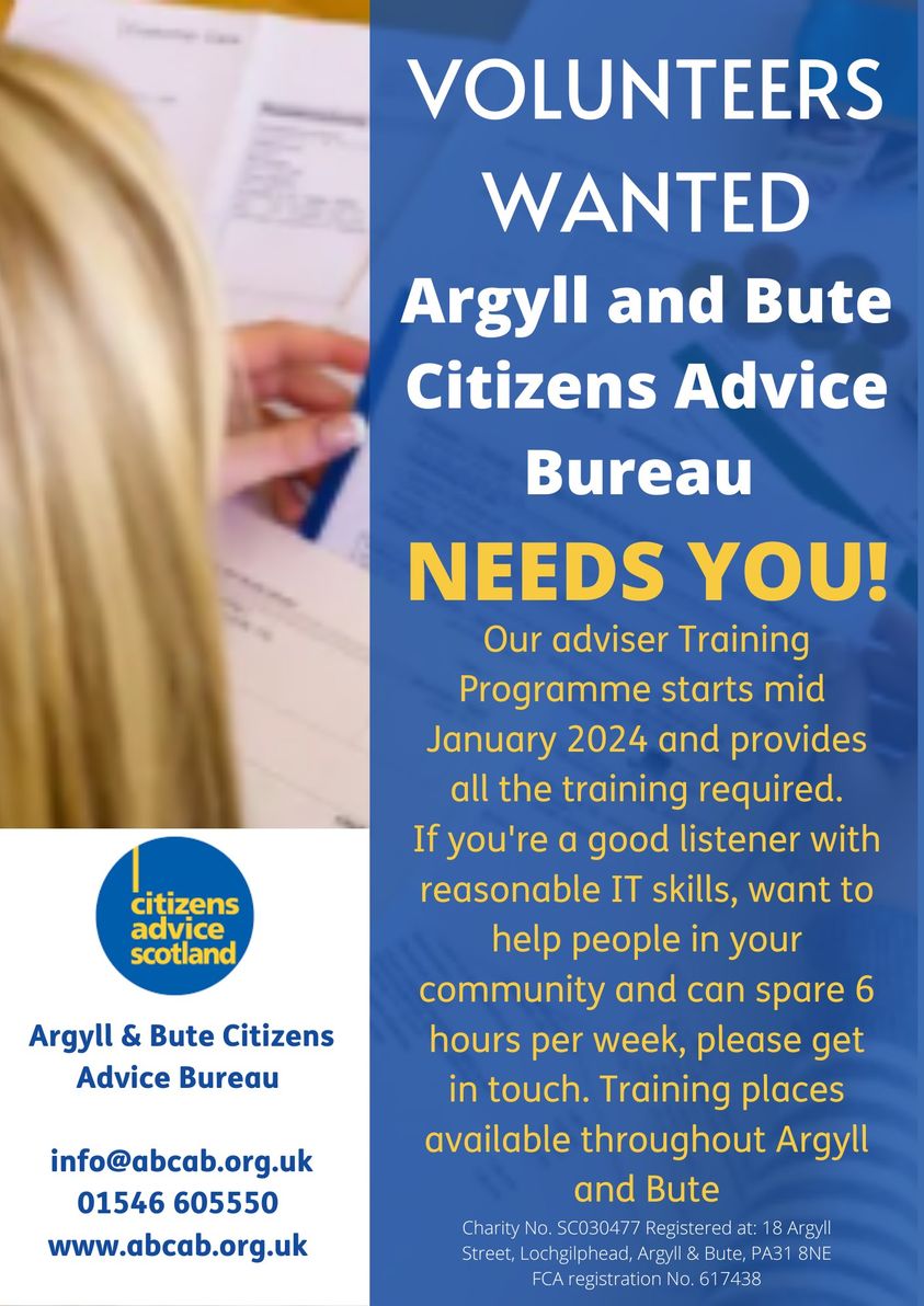 Argyll & Bute Citizens Advice are looking for volunteers - Advisors, Admin and Board members. Get in touch info@abcab.org.uk facebook.com/ArgyllandButeC…