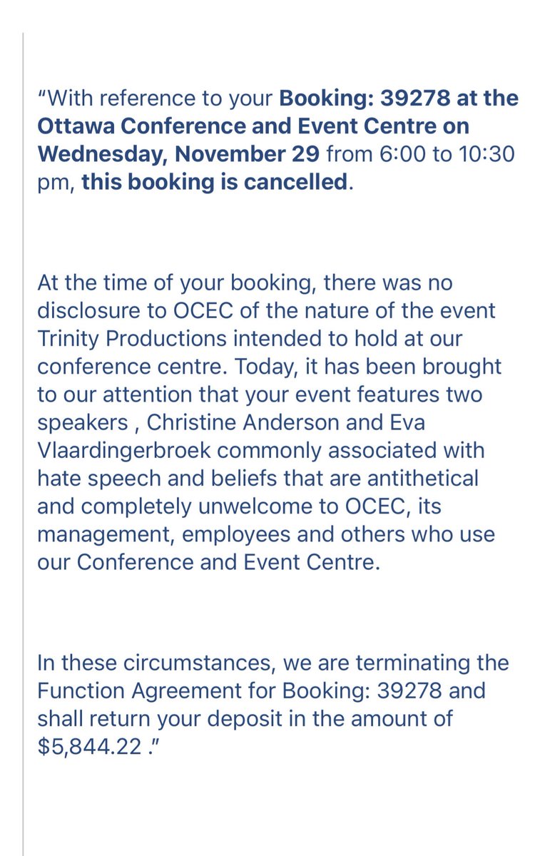 rupasubramanya's tweet photo. The Ottawa Conference and Event Center deplatforms @AndersonAfDMdEP @EvaVlaar a day before they were set to speak. They got canceled simply because the OCEC dislikes their views. This is increasingly the norm in Canada. Shameful. https://t.co/lnAvIuqZns