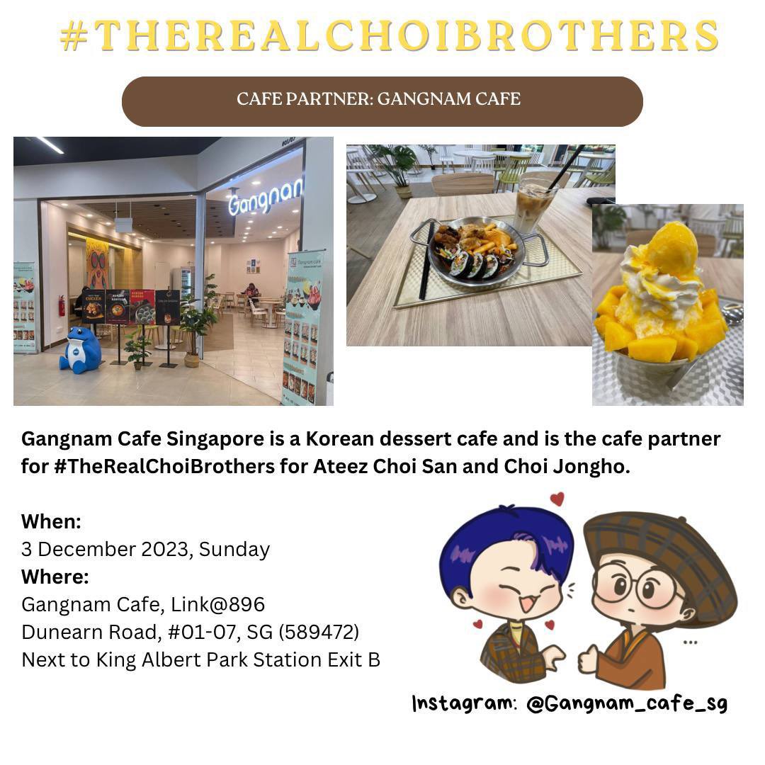 Ch0iBr0thers's tweet photo. Welcome, my class~
#CafePartner
4 more days to go!
We are honoured to work with Gangnam Cafe SG as our cafe partner for #TheRealChoiBrothers event in SG!
This will be the 1st kpop cafe event held in the cafe!
Follow Gangnam cafe: https://t.co/oA1LzQWGRc
See you there 👋 https://t.co/Fblck9dzui