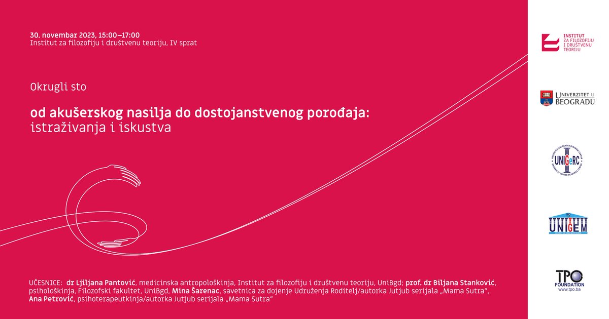 IFDT_Beograd's tweet photo. [Panel diskusija] Od akušerskog nasilja do dostojanstvenog porođaja: istraživanja i iskustva 
❗️ Događaj je otvoren za publiku❗️

30. novembar 2023
15 CET
IFDT (Kraljice Natalije 45, IV sprat)

Organizuje #IFDT #SolidCareLab i #GenLab 

Nedostatak informisanog pristanka, ugrožavanje privatnosti, niska podrška i odsustvo aktivnog uključenja žene tokom porođaja čine ključne probleme u našim porodilištima. Povodom 16 dana aktivizma, Laboratorija za istraživanja roda IFDT organizuje okrugli sto o akušerskom nasilju i poboljšanju uslova za dostojanstven porođaj. 

Učesnice: kreatorke serijala -Mama Sutra- Mina Šarenac i Ana Petrović, psihološkinja Biljana Stanković i medicinska antropološkinja @devaDevana. 

Više o panel diskusiji na: https://t.co/cY3WXB5DJY 

#AngažovanaMisao #EngagedThought #IFDT #UNIGEM #16danaaktivizma #UNIGEMprojekt @TPOFoundation @Univerzitet_BG
