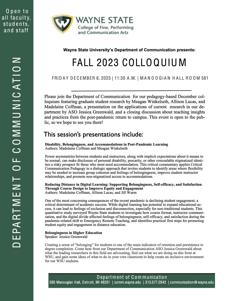 Join us for the last Research Colloq of 2023! Visit us on Friday, Dec 8 at 11:30am in 581 Manoogian, hosted by the Communication Graduate Student Association. The topic is pedagogy for all--I hope to see you there!