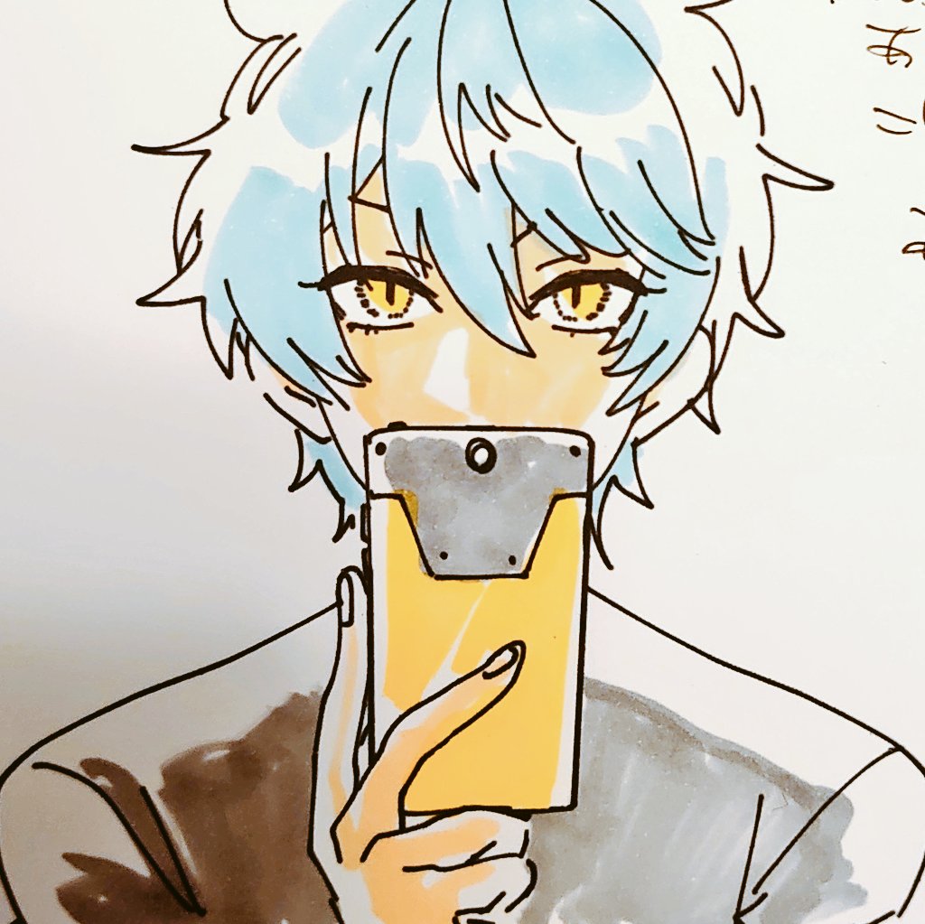 phone 1boy male focus solo holding phone yellow eyes cellphone  illustration images