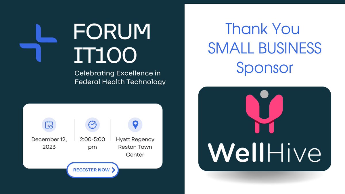 🎉WELCOME: @WellHive is a sponsor for our 8️⃣Annual #FORUMIT100 (formerly FedHealthIT100) Awards! WellHive is the 1st & only digital platform designed to connect federal & commercial health systems, creating a seamless navigation of care. Join us on 12/12: bit.ly/484BN2U