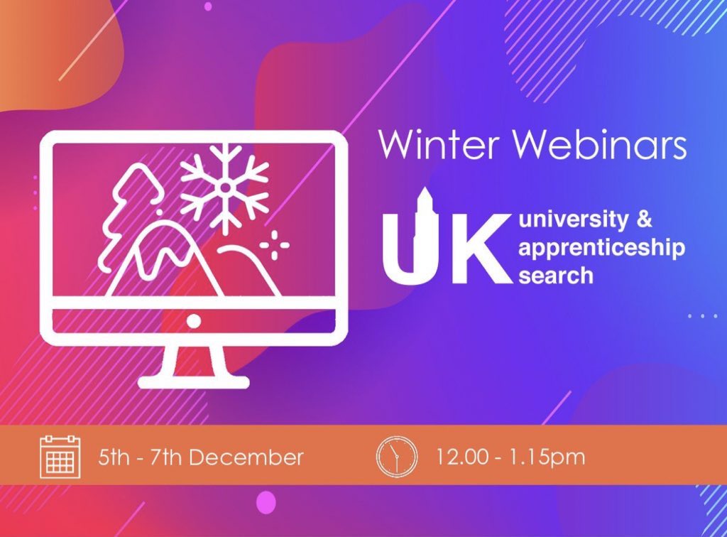 We are pleased to announce our Winter Webinars, taking place next week from 12-13.15pm Tues 5th Personal Statement Wed 6 Choosing a course/university Tues 7th Preparing for university Students can book their free place here ukuniversitysearch.com/winter-webinars