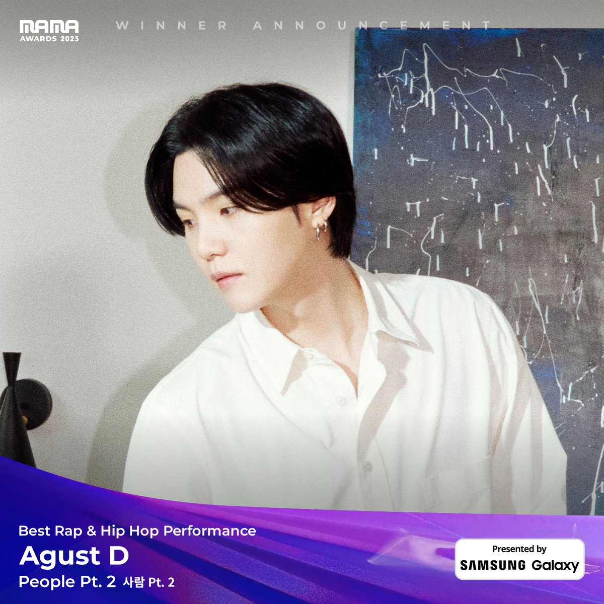 MnetMAMA's tweet photo. [#2023MAMA] Best Rap &amp; Hip Hop Performance #agustd @bts_bighit #PeoplePt2 #사람Pt2

We proudly announce the great winner of the 2023 MAMA AWARDS!🏆
 
ONE I BORN
2023 MAMA AWARDS

#MAMAAWARDS 
#2023MAMAAWARDS https://t.co/UCwra76C0C