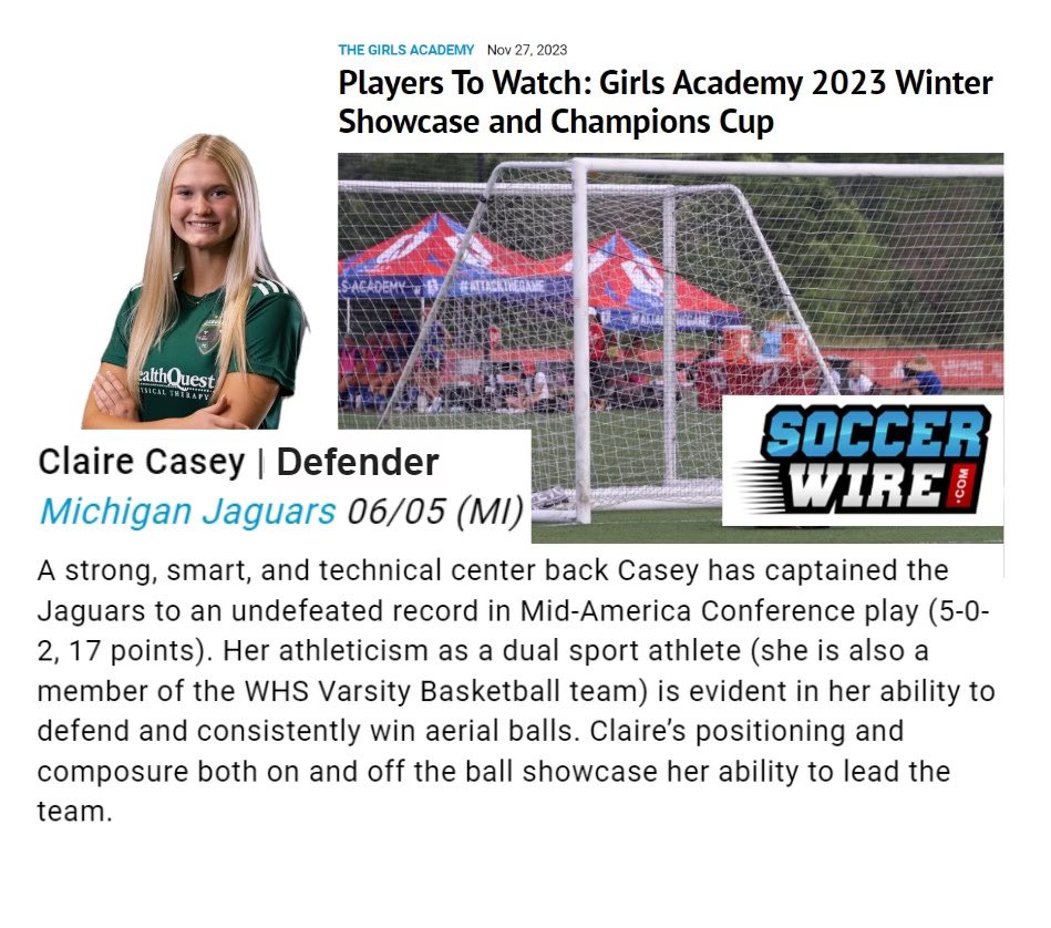 Claire Casey (@clairecasey2024) on Twitter photo Thank you <a href="/TheSoccerWire/">SoccerWire</a> for including me in your <a href="/GAcademyLeague/">Girls Academy</a> Players to Watch list for the GA Winter Showcase out in Norco! Canβt wait to get out there!
<a href="/PrepSoccer/">Prep Soccer β½οΈ</a>
<a href="/TopDrawerSoccer/">TopDrawerSoccer</a> Thank you <a href="/TheSoccerWire/">SoccerWire</a> for including me in your <a href="/GAcademyLeague/">Girls Academy</a> Players to Watch list for the GA Winter Showcase out in Norco! Canβt wait to get out there!
<a href="/PrepSoccer/">Prep Soccer β½οΈ</a>
<a href="/TopDrawerSoccer/">TopDrawerSoccer</a>