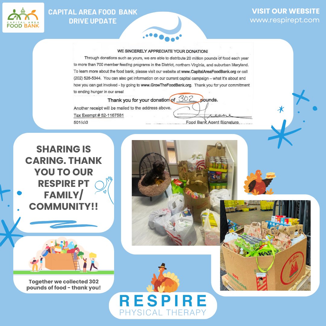 🔔Greetings Respire PT Family/Community! We had so much fun hosting the Thanksgiving🦃Food🥫Drive this month. THANK YOU♥️to our generous✨Respire PT Community/Family and to the Capital Area Food Bank (capitalareafoodbank.org) for helping us coordinate the event. #respirept