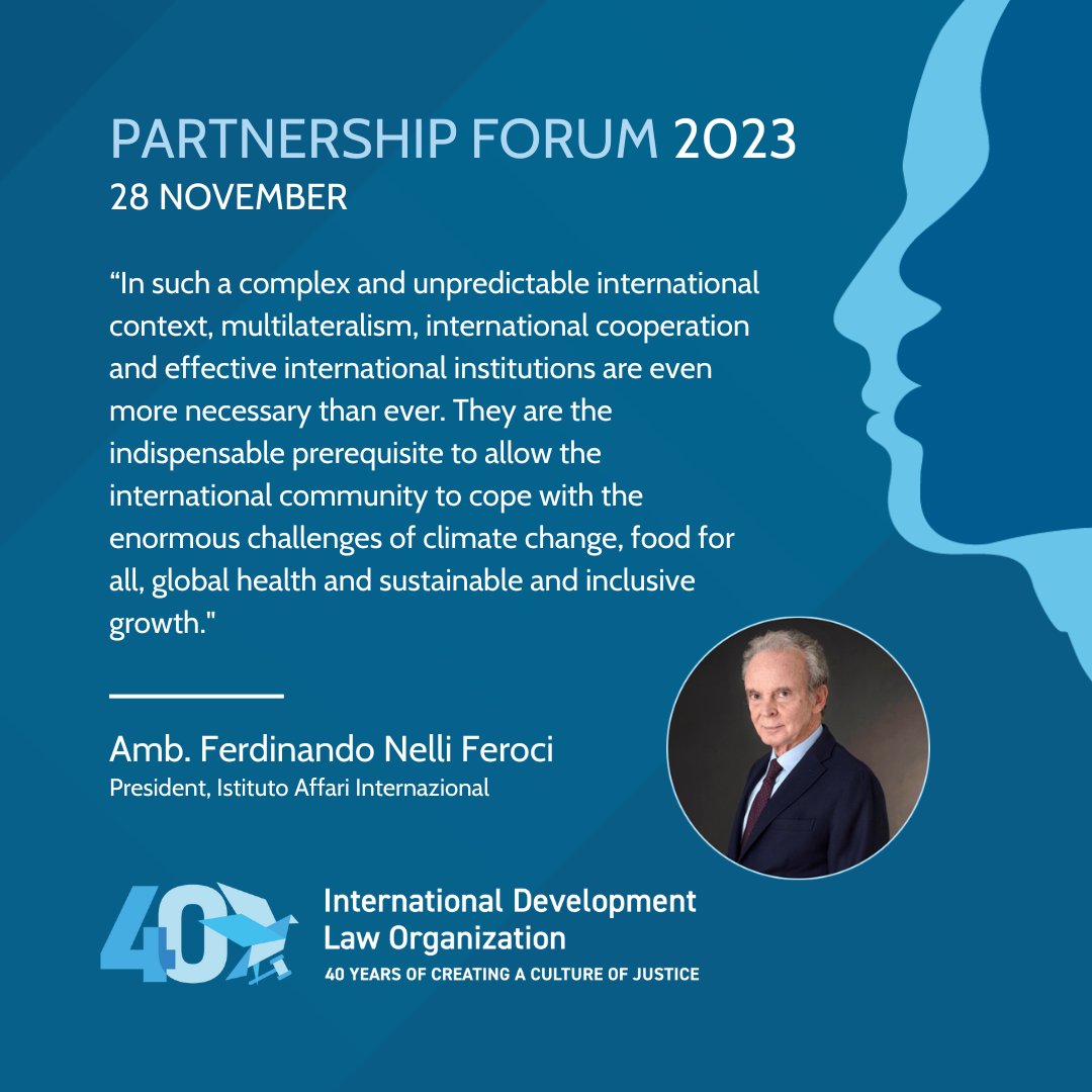 IDLO's tweet photo. Watch a recording of our annual Partnership Forum celebrating 40 years of IDLO with our DG @JanMBeagle and a panel of high-level speakers, including Amb. Ferdinando Nelli Feroci of @IAIonline.
👉https://t.co/d5xQz3BN6I
#IDLO40years https://t.co/YFwpiR83vF