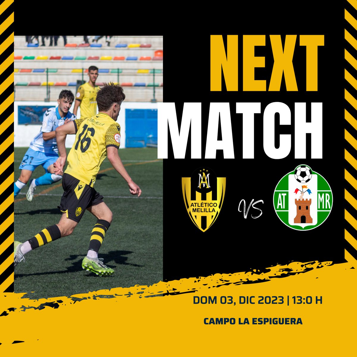 🟡 PRÓXIMO PARTIDO ⚫️
🏆 Tercera RFEF  Jornada 13
🏠 @at.melilla 🆚️ <a href="/atmanchareal/">Atlético Mancha Real</a>
🏟 Campo  la espiguera
🗓 03.Dic,23
⏰️ 13:00 h
🎫 Entrada 3 €
