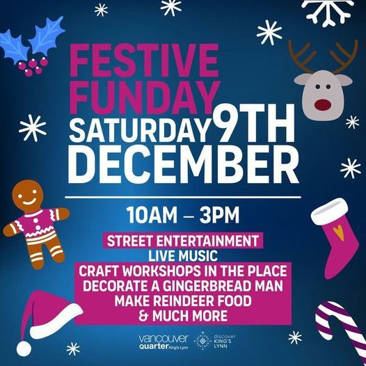 📷 FREE FESTIVE FUNDAY 📷
Join the team from the Vancouver Quarter at The Place (opposite the old Wilko unit) on Saturday 9th December between 10am and 3 pm!  
#shoppingcentreevents #westnorfolk #discoverkingslynn  #shoppingcentre #kingslynn #vancouverquarter