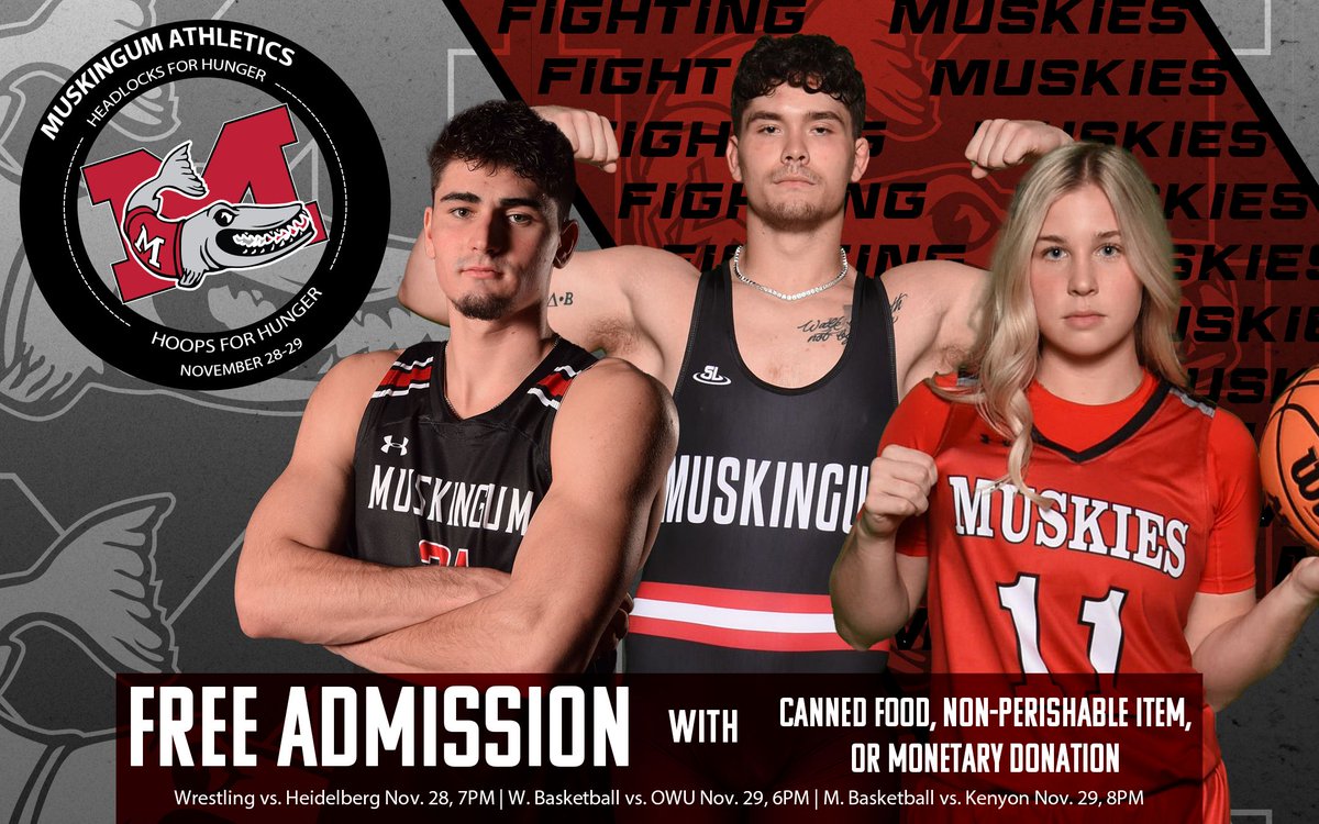 🚨DOUBLEHEADER🚨
🥫: Hoops for Hunger Food Drive
📢: Faculty/Staff/Family Appreciation
🎟️: Free Admission with Donation
🏀<a href="/MuskingumWBB/">Muskingum Women's Basketball</a>🏀
📊: buff.ly/410f2Kd
📺: buff.ly/3uIJkF9
🏀<a href="/MuskingumHoops/">Muskingum Men’s Basketball</a>🏀
📊: buff.ly/3RjF7jd 
📺: buff.ly/3uIJkF9