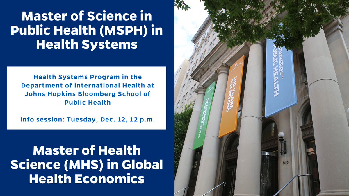 Our master's degree info session is in 2 weeks! Learn about how a master's degree in #GlobalHealth can further your career and get insider tips on applying. We'll cover our MSPH in Health Systems and MHS in Global Health Economics degrees. Dec. 12 @ 12pm applygrad.jhu.edu/register/?id=9…