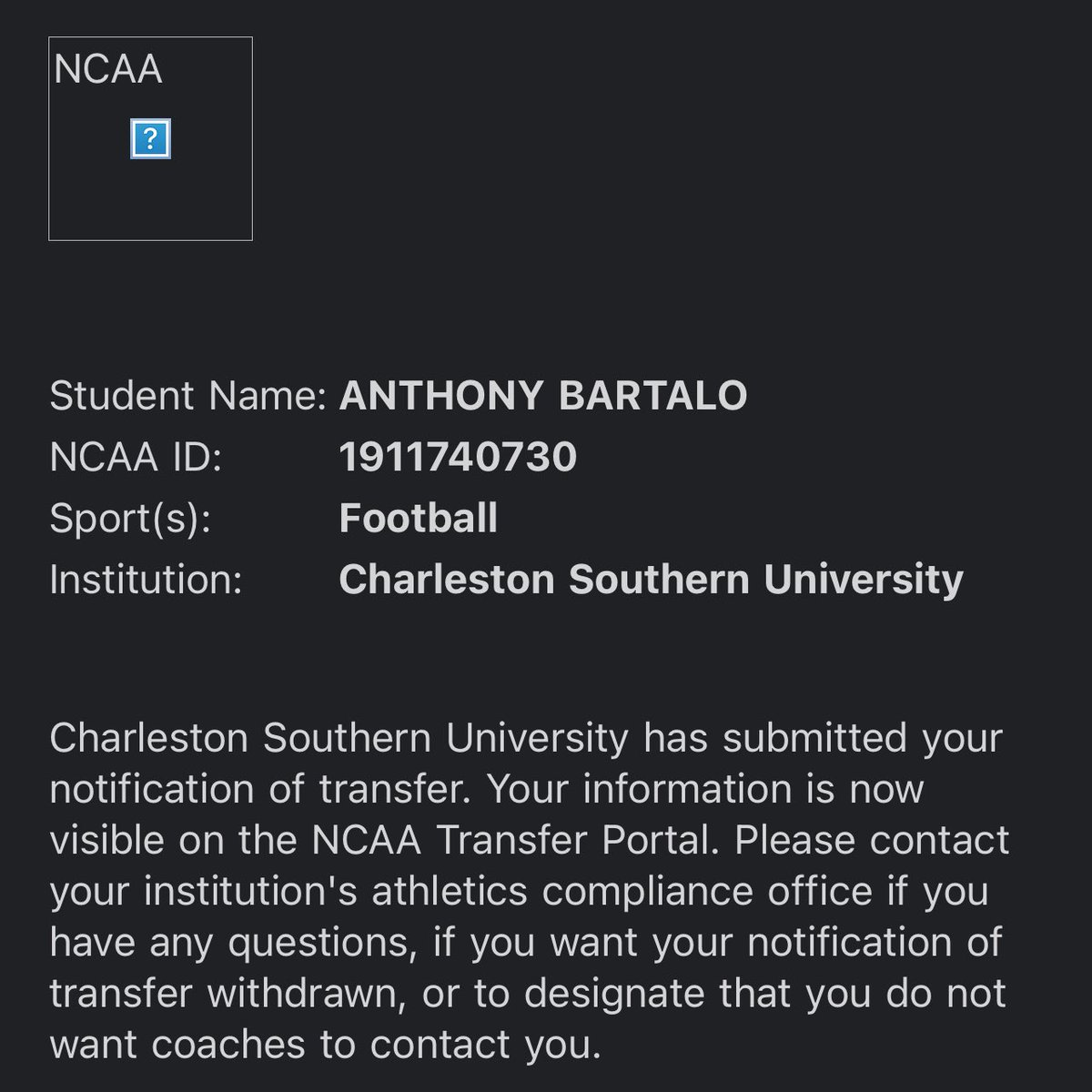 I am officially in the transfer portal as a graduate transfer with 2 years of eligibility.

6’2 215 Quarterback

Matthew 24:13