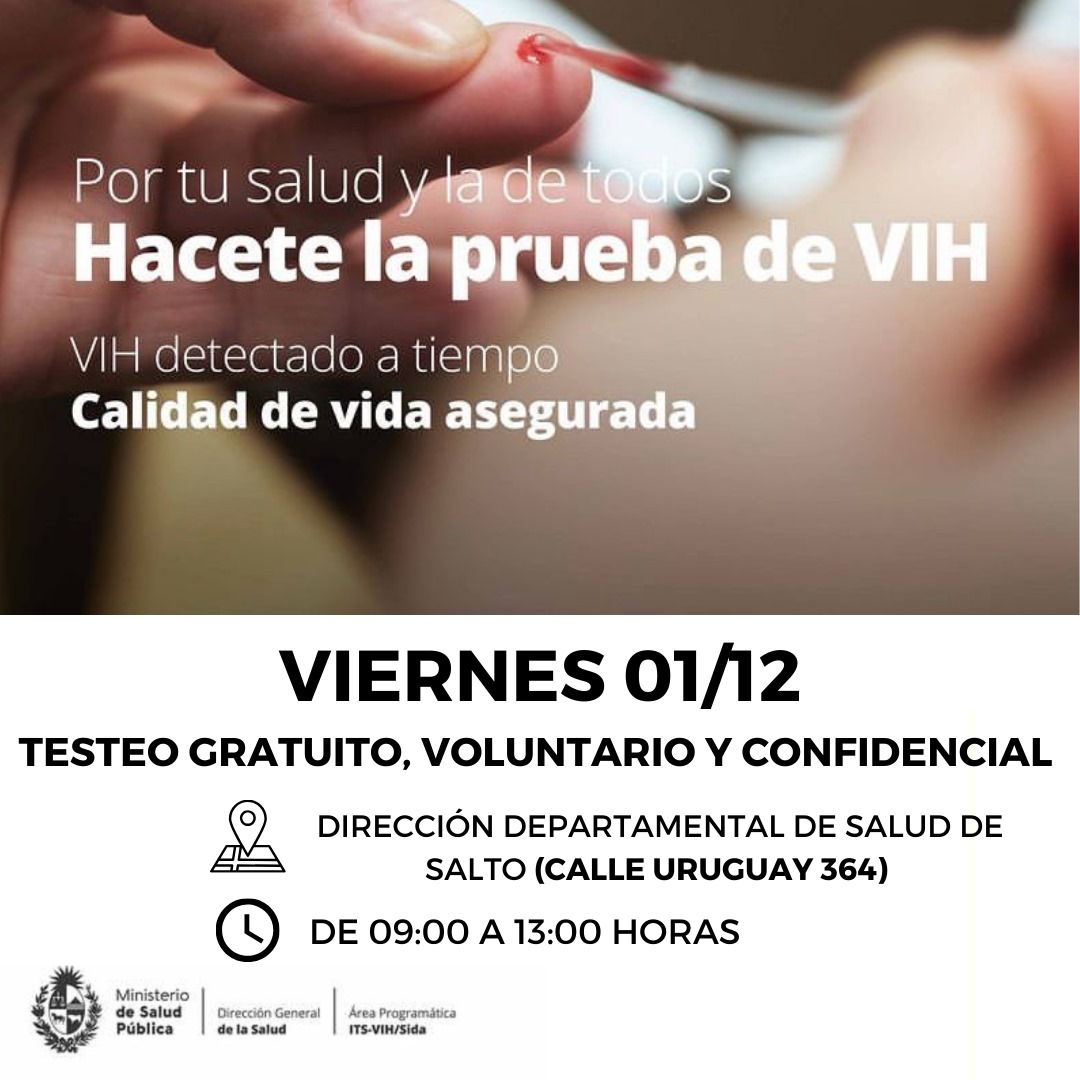 DdsSalto's tweet photo. Jornada de testeo de VIH en la Dirección Departamental de Salud de Salto en el marco del "Día mundial del sida".

📆 Viernes 1 de diciembre
🕘 9 a 13 horas
📍 Uruguay 364 https://t.co/XezEETpWBo