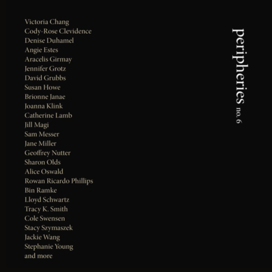 _peripheries's tweet image. Issue 6 launch party tomorrow night at 6pm! Readings by Alice Oswald, Jorie Graham, and Victoria Chang; music &amp;amp; visual art, &amp;amp; refreshments. Free and open to the public! Come in person or virtually. Registration (recommended, not required) here: tinyurl.com/254v4n2v.
