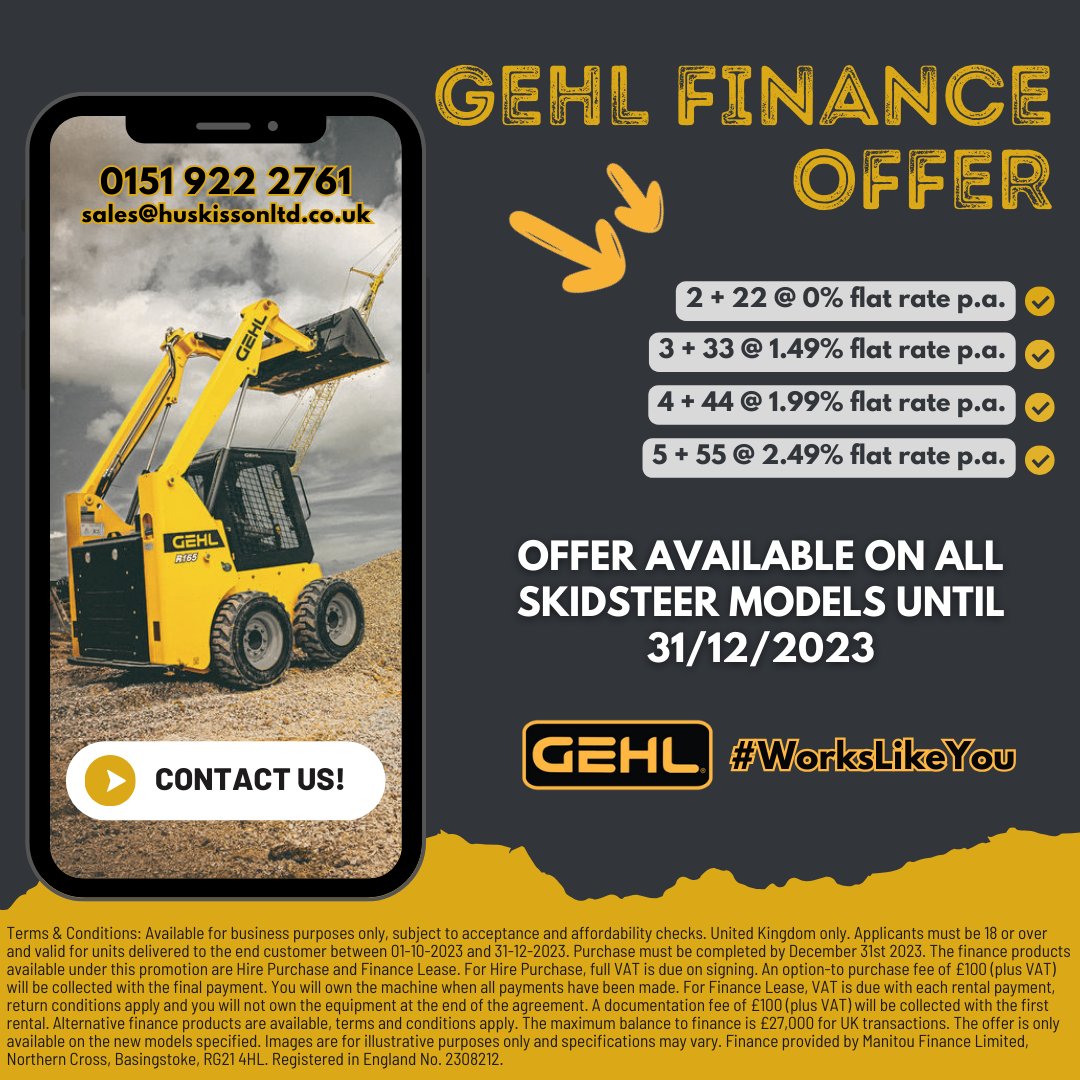 Check out this amazing finance offer available on all GEHL skidsteers until the end of the month 👍
#gehl #skidsteer #skidsteerloader #construction #landscaping #groundworks #civils #farming #agricultural
