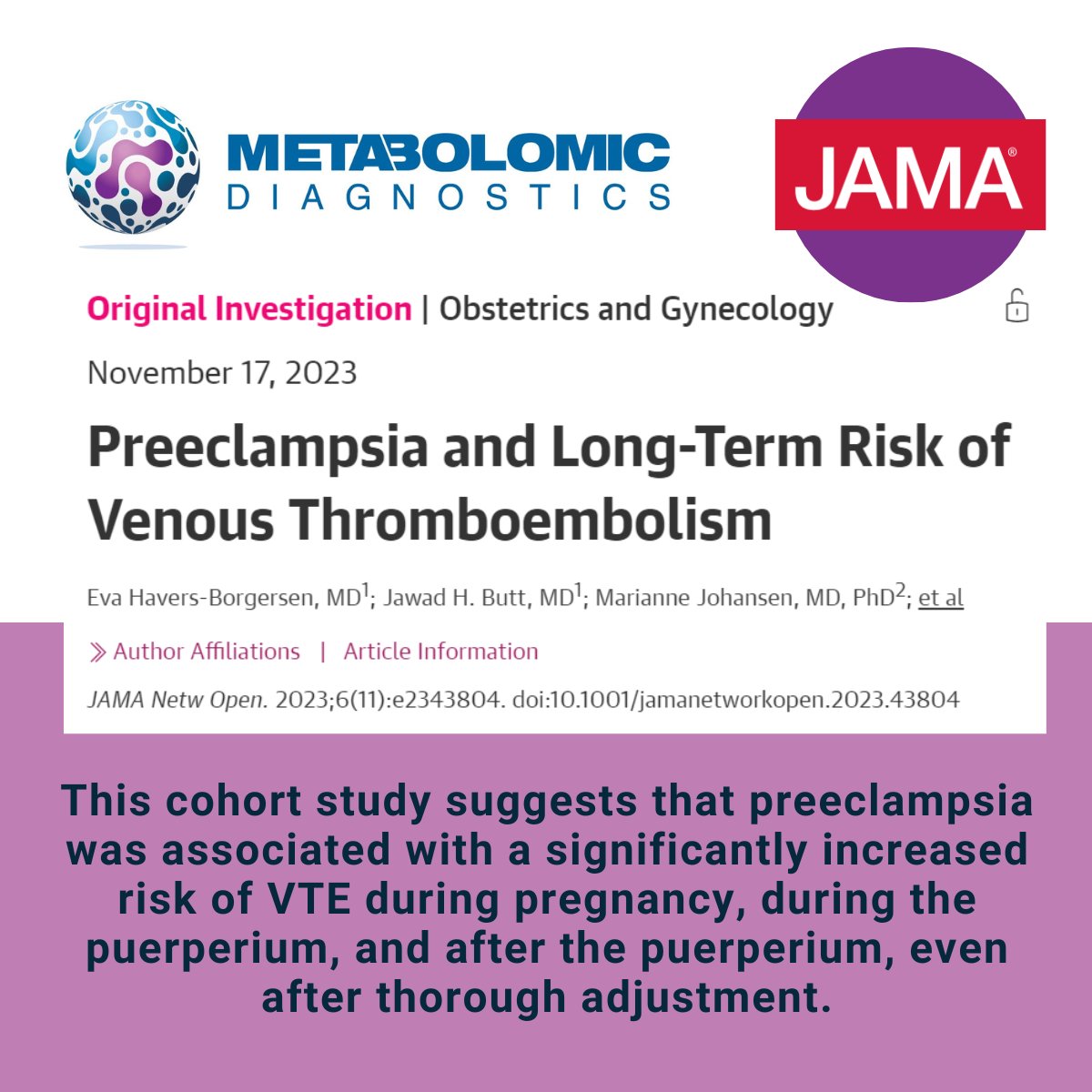 It is part of our mission to highlight scientific studies that bring new perspectives into women's health. Are women who had preeclampsia at higher risk of venous thromboembolism (VTE)?jamanetwork.com/journals/jaman… #research #preeclampsia #precisionmedicine #womenshealth