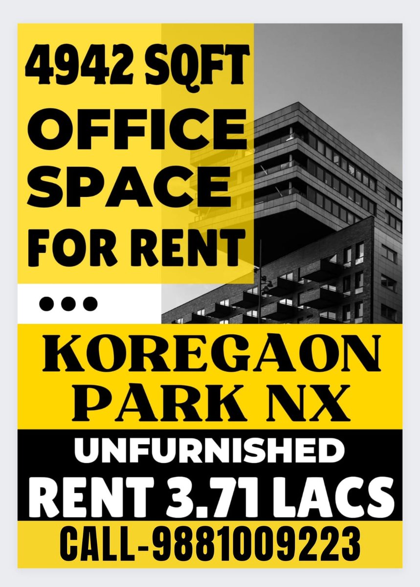 4942 SQFT OFFICE SPACE FOR RENT KOREGAON PARK NX UNFURNISHED RENT 3.71 LACS CALL- 9881009223

#OfficeSpaceForRent #CommercialProperty #KoregaonPark #WorkspaceForLease #OfficeSearch #CorporateRealEstate #PrimeLocation #OfficeLeasing #BusinessHub #UnfurnishedOffice #