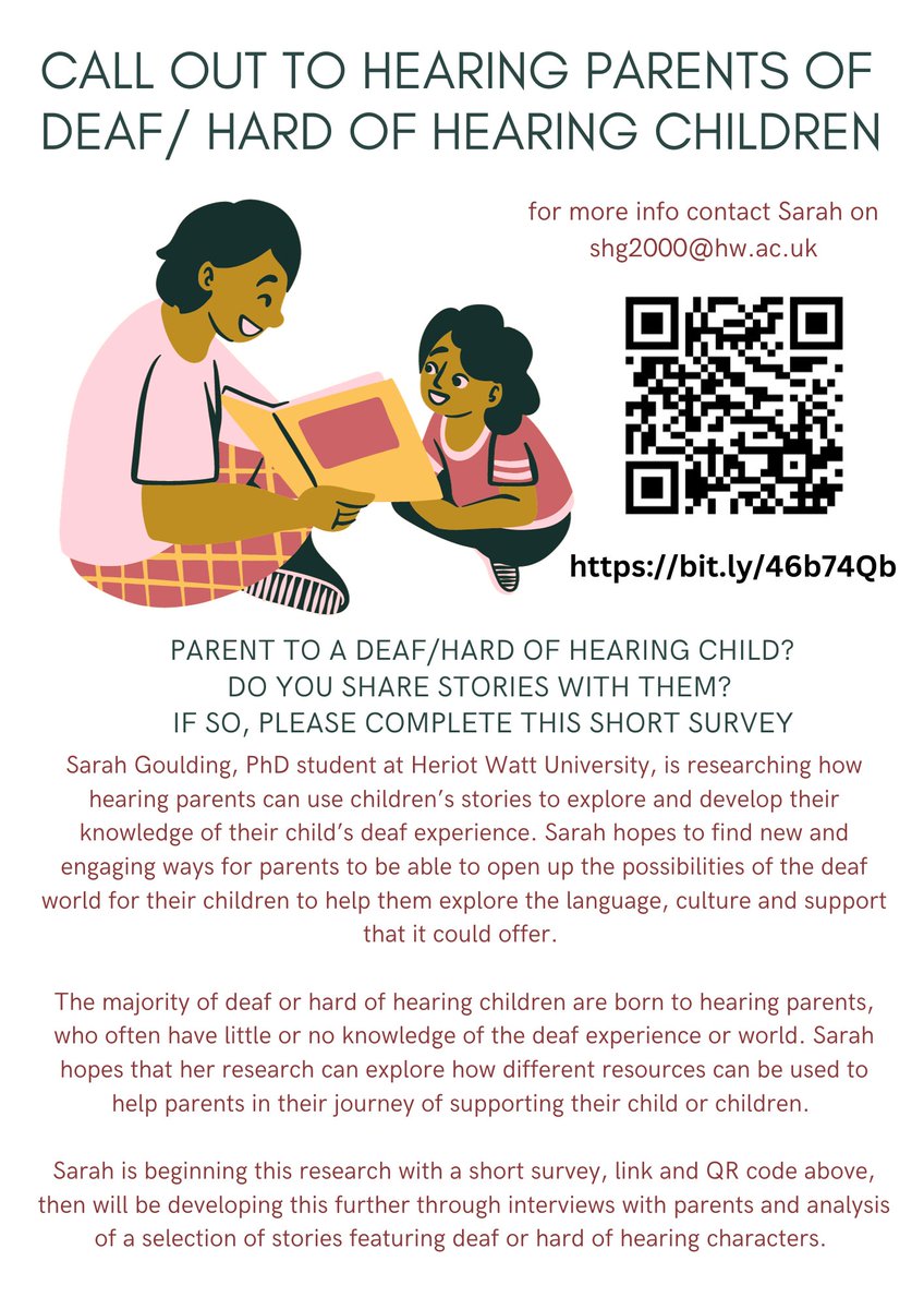 My initial survey  bit.ly/46b74Qb for my PhD is still open for #hearingparents with #deafchildren exploring their experience of #reading and #deafrepresentation in children's books. Please do share or complete this if you can, I would be hugely grateful!
