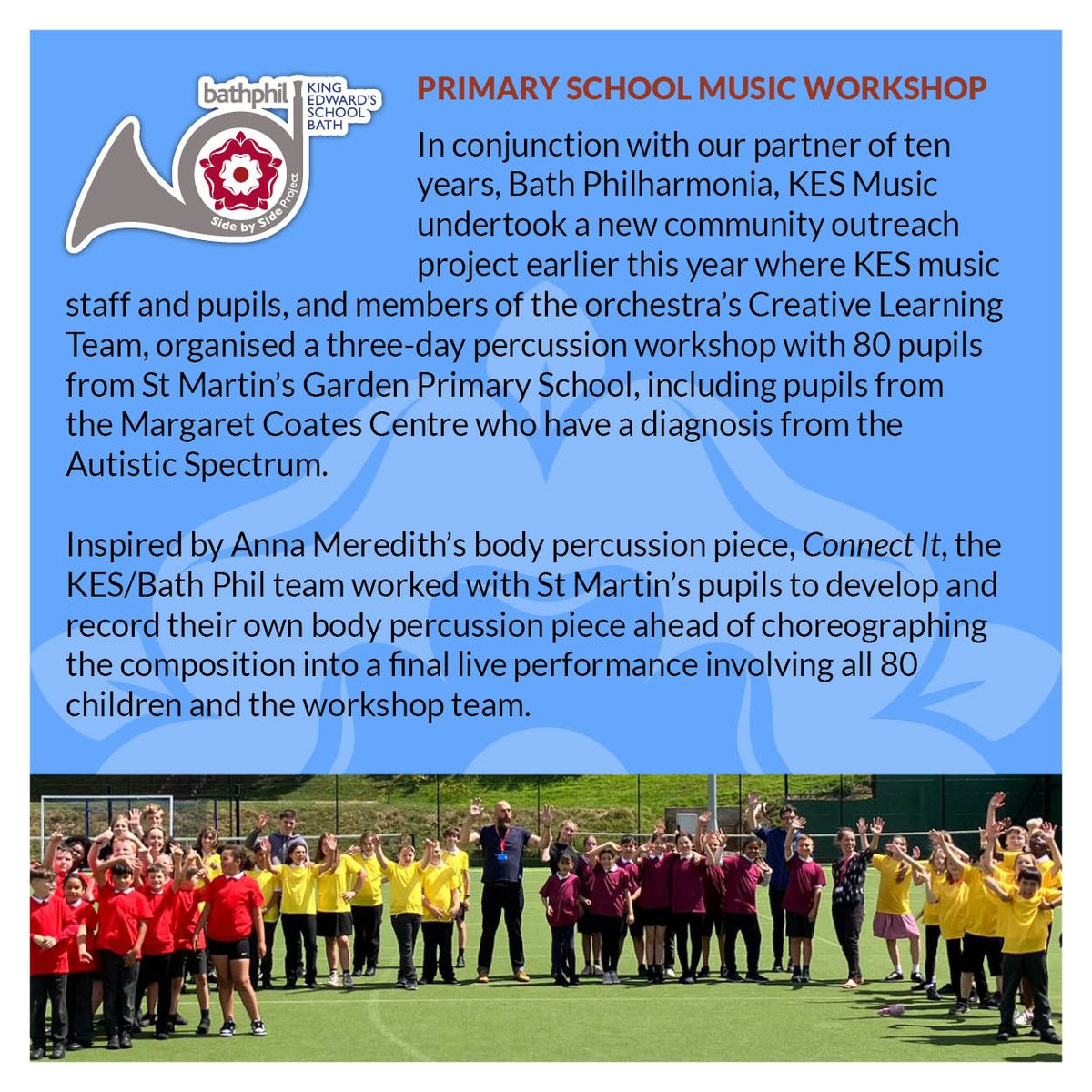 Today, during the @ISC_schools #PowerofPartnerships week, we are celebrating our music partnership with St Martin's Garden Primary School, which saw a three-day percussion workshop take place at KES involving 80 pupils from the primary school, co-hosted with @bathphil