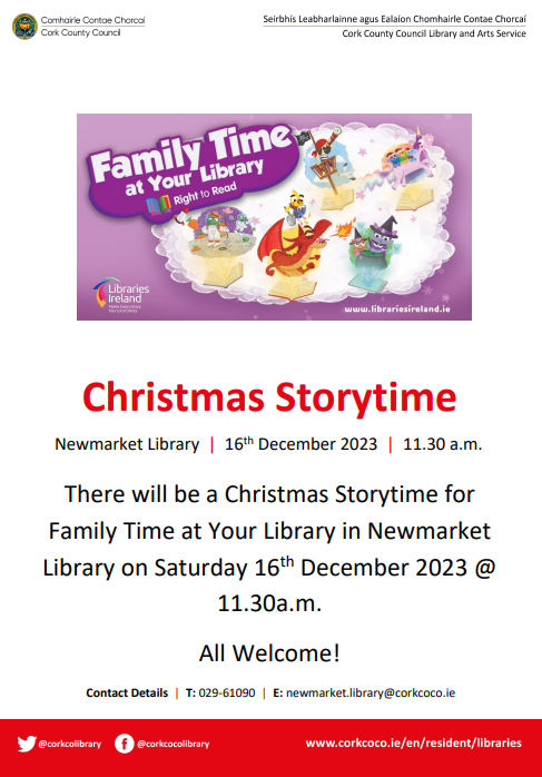 Enjoy Family Time at your Library with a Christmas Storytime in Newmarket Library on Saturday 16th December at 11.30am.  All welcome.
corkcoco.ie/en/directory/a…