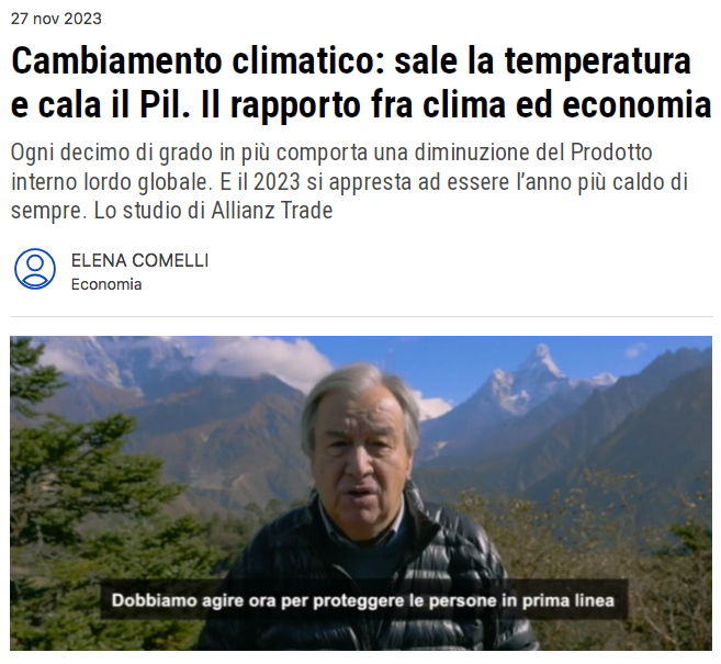 Il #caldo estremo abbatte la #crescita economica.
Nel 2023 costerà 1 punto di Pil alla Spagna
e 1/2 punto all'Italia, secondo <a href="/allianztrade/">Allianz Trade</a>.
Lo studio non include siccità e incendi,
ma solo il calo di produttività sul #lavoro.
E siamo solo all'inizio. 
quotidiano.net/economia/cambi…