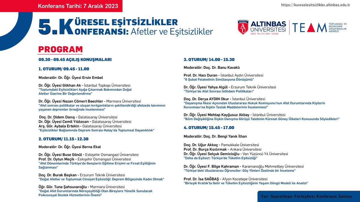 5. Küresel Eşitsizlikler Konferansı Programı açıklandı!  7 Aralık Perşembe günü Gayrettepe Yerleşkesi Konferans Salonuna bekliyoruz.
<a href="/AltinbasUniv/">Altınbaş Üniversitesi</a>
<a href="/altinbas_iisbf/">Altınbaş İİSBF</a>
<a href="/AltinbasSoc/">Altınbaş Sosyoloji</a>
<a href="/AU_POLS/">AUPOLS</a>
<a href="/altinbaspsi/">Altınbaş Psikoloji</a>