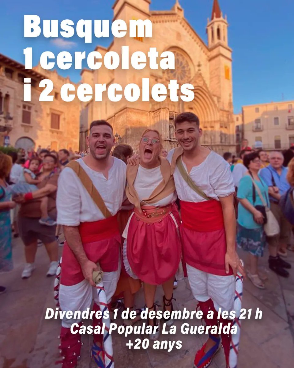 ⚠️ Aquest divendres tenim convocatòria del ball on buscarem 1 cercoleta i 2 cercolets.

😍 Us esperem a les 21 h al local de <a href="/lagueralda_cpv/">La Gueralda, Casal Popular de Vilafranca</a>!