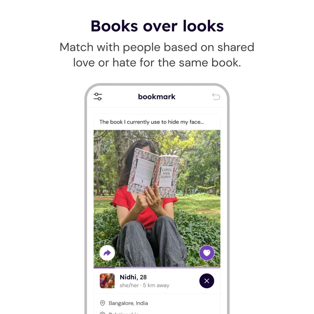 harshsnehanshu's tweet photo. NEW STARTUP ALERT

Introducing Bookmark, a dating app for readers. It's live for android: https://t.co/NDtwRNO4tp (ios coming soon!) 

On @bookmarkappco, you swipe on books, not looks. 📚 Your DP remains locked until you match and exchange 10 messages with each other. 🔒 https://t.co/Wt3Fqx2iIV