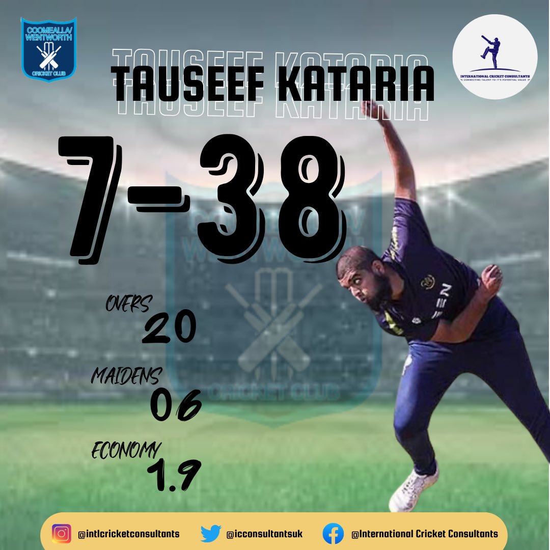 Tauseef Kataria with a blistering spell of pace bowling helps secure a win for Coomealla Wentworth CC taking 7-38. Exclusively Represented By International Cricket Consultants ✅ For Queries: Call: +44 7401 655464 Email: info@internationalcricketconsultants.com