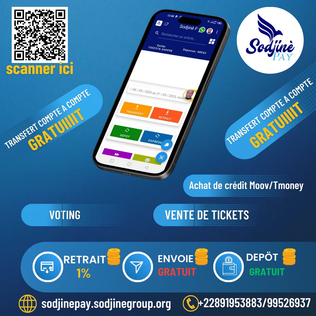 SodjineGroup's tweet photo. Sodjinè Pay vous facilite plus la vie avec ses multiples fonctions accessibles à tous 👌

Téléchargez l'application Sodjinè Pay ici 👇
https://t.co/0MmaKtKMvw

Avec Sodjinè Pay,plus besoin de porte-monnaie 📱📲
#sodjinèpay #monnaienumérique #transaction #togolais228 #tgtwittos https://t.co/j1dJlFjNfy