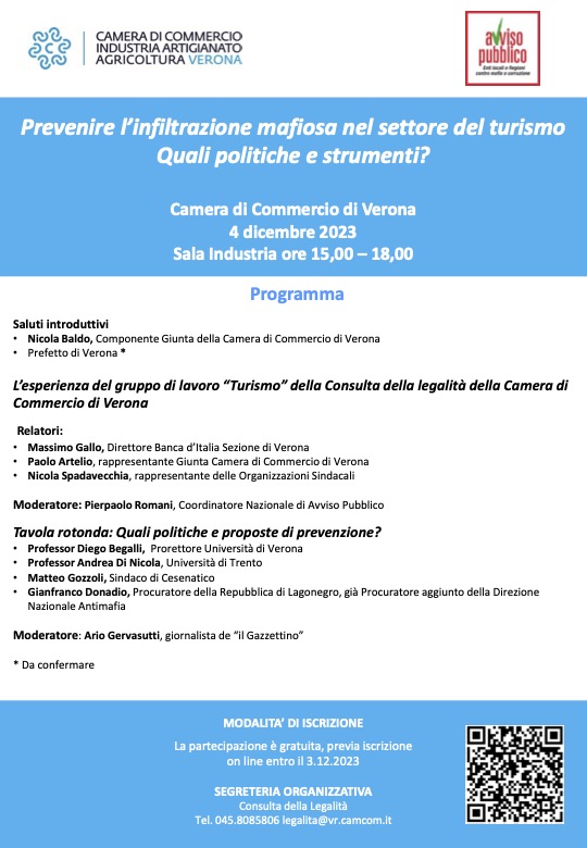 🔺“Prevenire l’infiltrazione mafiosa nel settore del turismo Quali politiche e strumenti?” 📌 Vi aspettiamo lunedì 4 dicembre dalle 15 alle 18 alla @CamComVerona col progetto della Consulta della Legalità e @avvisopubblico #Turismo #Verona