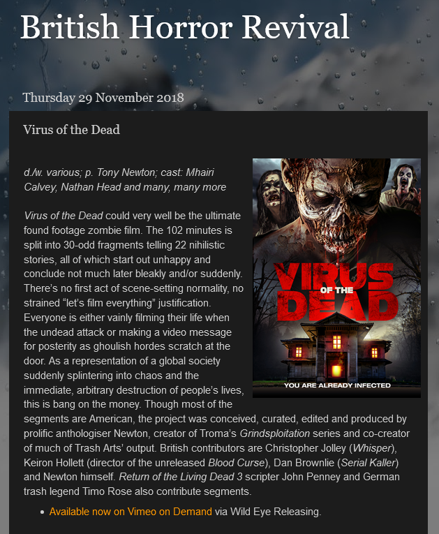 nathanhead's tweet photo. Virus Of The Dead, starring #KathrynEastwood, @NathanHead, @MhairiCalveyAct, @ShawncPhillips, #JamesCullenBressack, #NickPrincipe, #TimoRose and many more.
"could very well be the ultimate found footage zombie film" - @BritHorrorRev
https://t.co/ZD6ysRuLB9 https://t.co/1owcV1hTOk