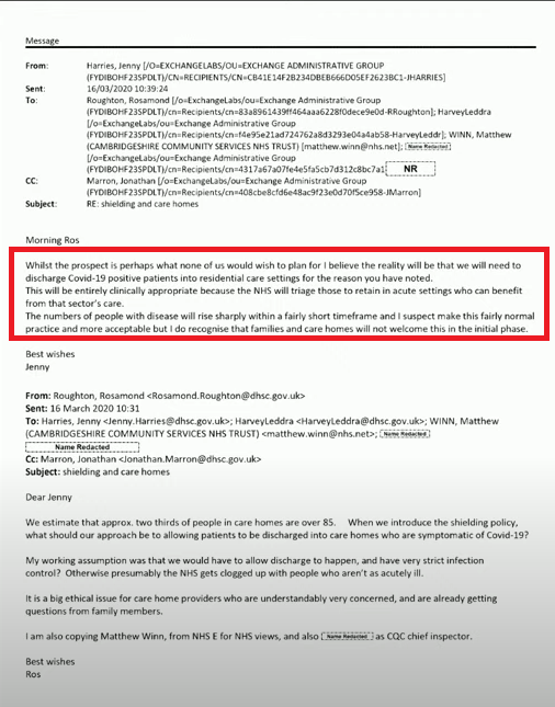 🚨 Remember when Hancock claimed he had thrown a 'protective ring' around care homes during pandemic 🤔 Dame Jenny Harries email from #CovidInquiry today: 'I believe the reality will be that we will need to discharge Covid-19 positive patients into residential care homes' ⏬