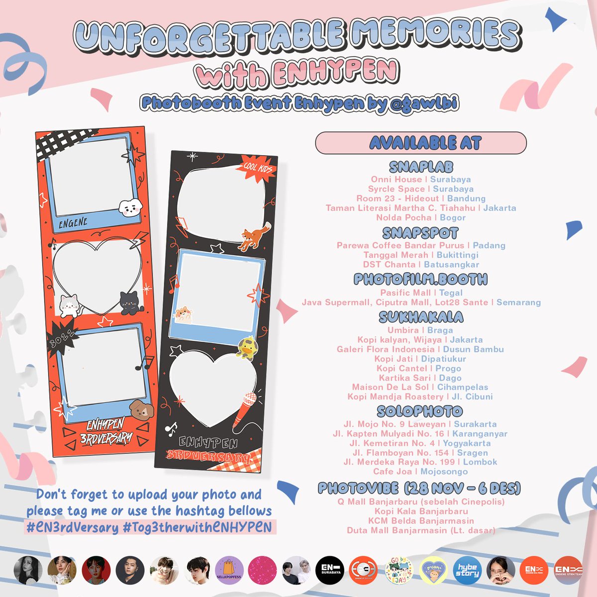 engenestrmteam's tweet photo. ㅤ𝐔nforgettable 𝐌emories

ㅤ𝐖ith 𝐄𝐍HYPEN~

𐙚 ⋆ Photobooth Event ENHYPEN 3rd ANNIVERSARY by gawlbi ⋆ 𐙚

🗓 : 28 Nov - 11 Des 2O23

📍 : @selfietimeid &amp; detail on poster

✿ Capture your moment and use the hastag bellows! #EN3rdVersary #Tog3therwithENHYPEN https://t.co/WgPE1Y9sa6