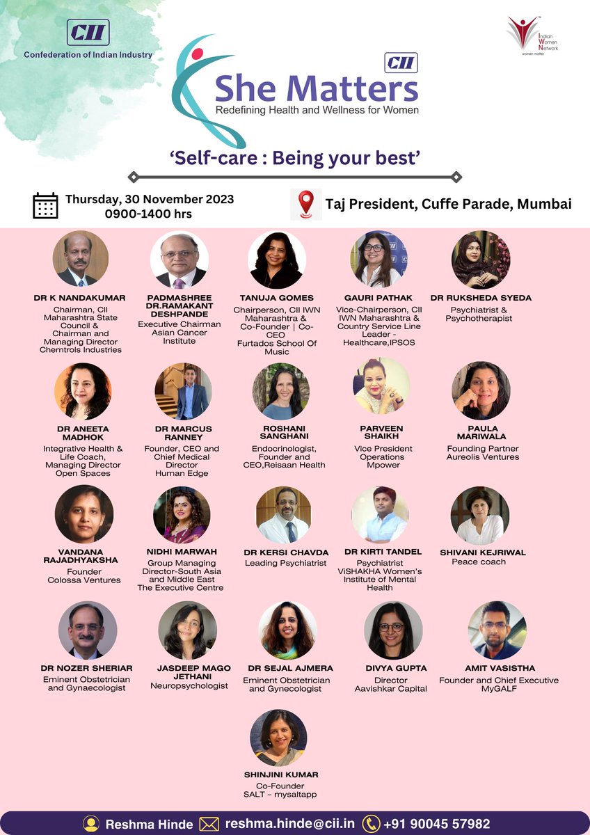Join us tmrw for

CII IWN’s 5th edition of SHE MATTERS at Taj President, Cuffe Parade, Mumbai.

Resister now - cam.mycii.in/OR/OnlineRegis…
 
<a href="/pmariwala/">Paula Mariwala</a> 
<a href="/tanuja_gomes/">Tanuja Gomes</a> 
<a href="/pathakgauri/">Gauri Pathak</a> 
<a href="/aneetamadhok/">Aneeta Madhok, Integrative Living</a> 
<a href="/ruksheda_psych/">Ruksheda Syeda</a>