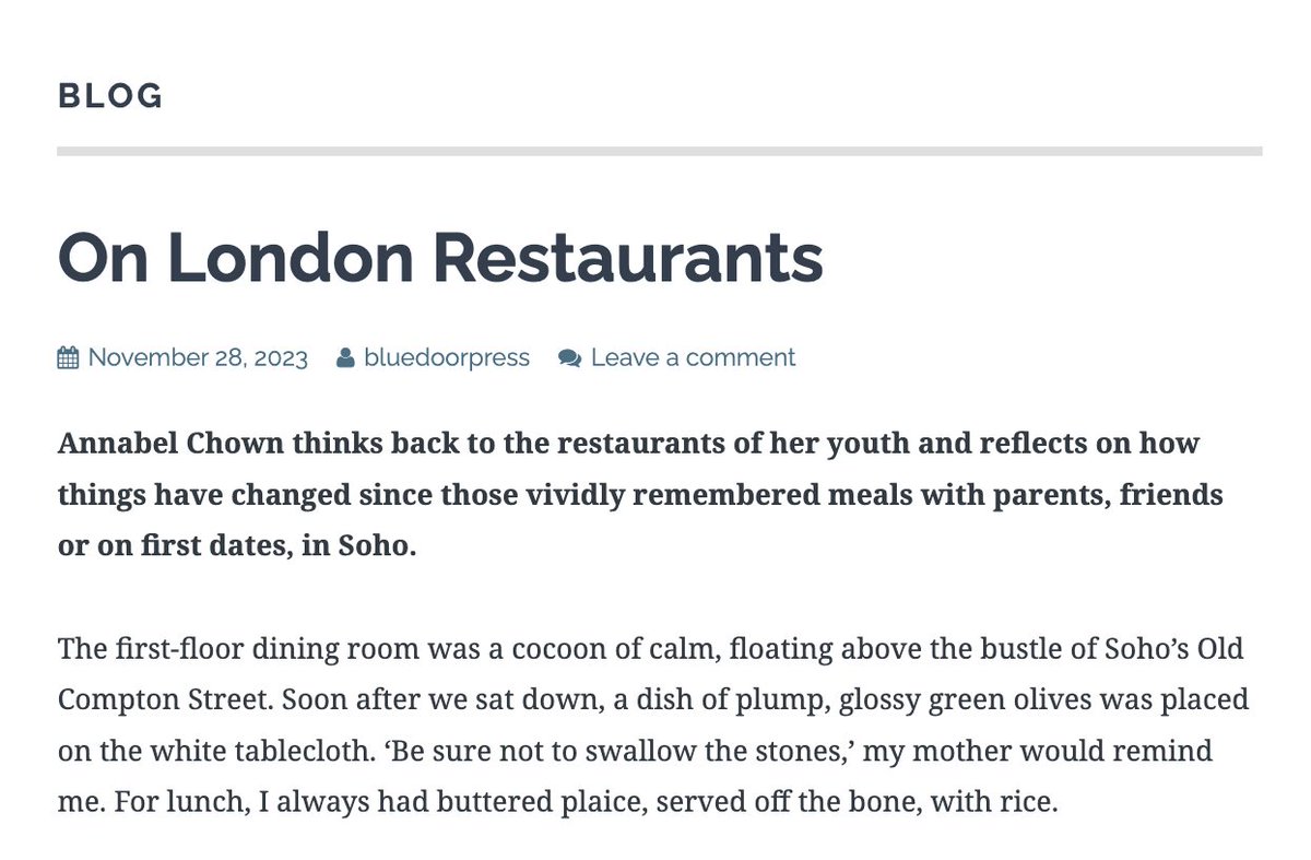 Blue Door Press (@bluedoorpress) on Twitter photo A brand new 'Personal Essay' is up on our website - 'On London Restaurants' by <a href="/annabelchown1/">Annabel Chown</a>. It's a lovely set of reflections on restaurants & what they have meant to her, reminders of different people and periods in her life. bluedoorpress.co.uk/category/blog/ A brand new 'Personal Essay' is up on our website - 'On London Restaurants' by <a href="/annabelchown1/">Annabel Chown</a>. It's a lovely set of reflections on restaurants & what they have meant to her, reminders of different people and periods in her life. bluedoorpress.co.uk/category/blog/