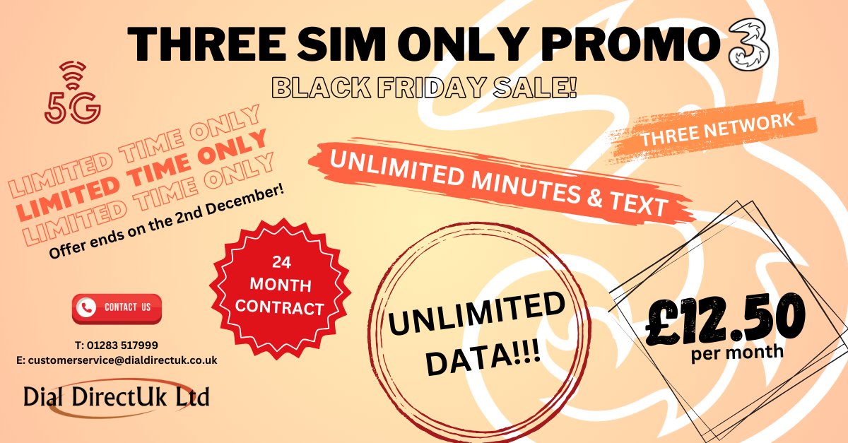 DialDirectUk's tweet image. Get unlimited data for £12.50 per month! Be quick the offer ends on the 2nd December! #sale #offer #simonly #unlimited #three