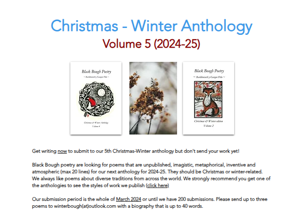 blackboughpoems's tweet photo. No, it's not too early to announce a submission period in March '24 for the fifth Christmas and winter edition '24/25. Check out the submission info so you can work on your poems over the next few months!
https://t.co/LdIG4W846Y https://t.co/Cw584ziQS2