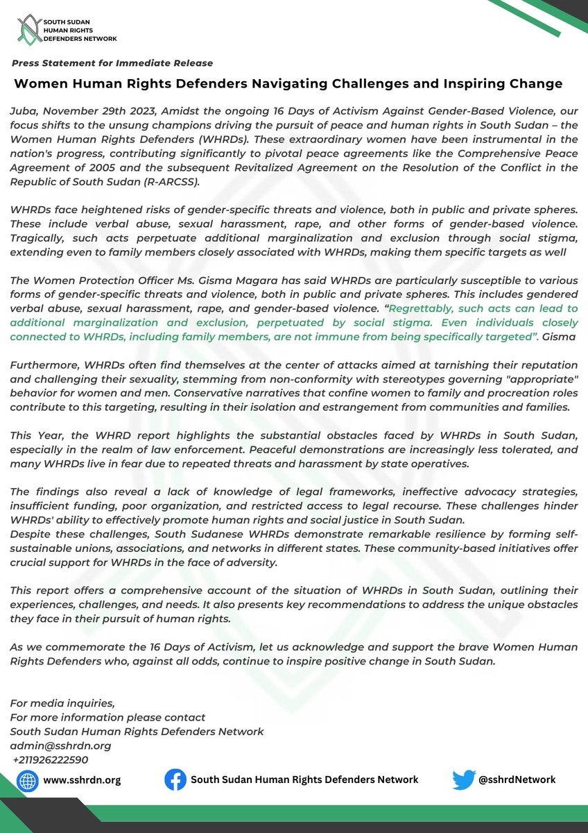 #PressRelease| As we commemorate the #16DaysofActivism, we present the WHRD report "Against All Odds” This groundbreaking report unveils the challenges faced by WHRDs, their resilience, and key recommendations.
Read more 👉 shorturl.at/epqX3
#HumanRights #SouthSudan