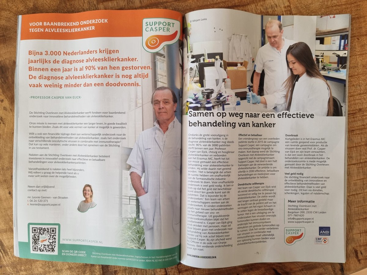 Ook voor het magazine nalaten en schenken het artikel geleverd over Support Casper (Stichting Overleven met Alvleesklierkanker). Hoopvol verhaal over de onderzoeken van prof. dr. Casper van Eijck.