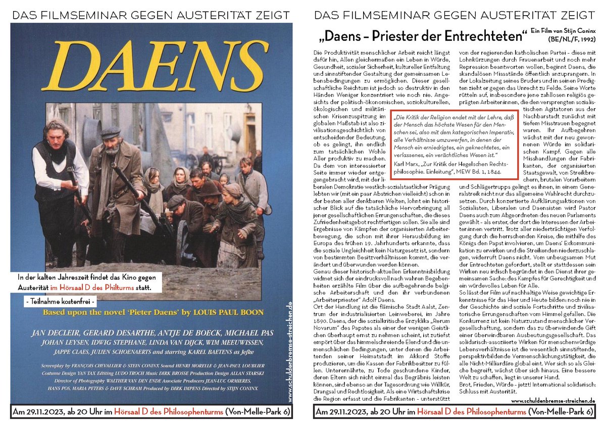 Kino gegen Austerität: „Daens – Priester der Entrechteten“ (1992) von Stijn Coninx 1992. 
Mittwoch, 29. November 2023, 20 Uhr (ct) im Kokoschka-Hörsaal (Phil D) im Philosophenturm <a href="/unihh/">Universität Hamburg</a> 
Ankündiger: schluss-mit-austeritaet.de/event/filmsemi…
Trailer: youtube.com/watch?v=c4ht_c…