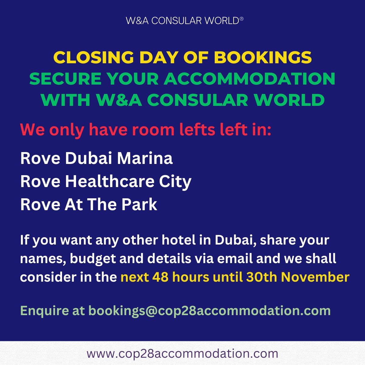 greenatsource's tweet photo. Lasy day of bookings! If you want any other hotel in Dubai, share your names, budget and details via email and we shall consider in the next 48 hours until 30th November #COP28 #Dubai #youth #funding #2DaystoCOP28 https://t.co/QStE3Kmrwb