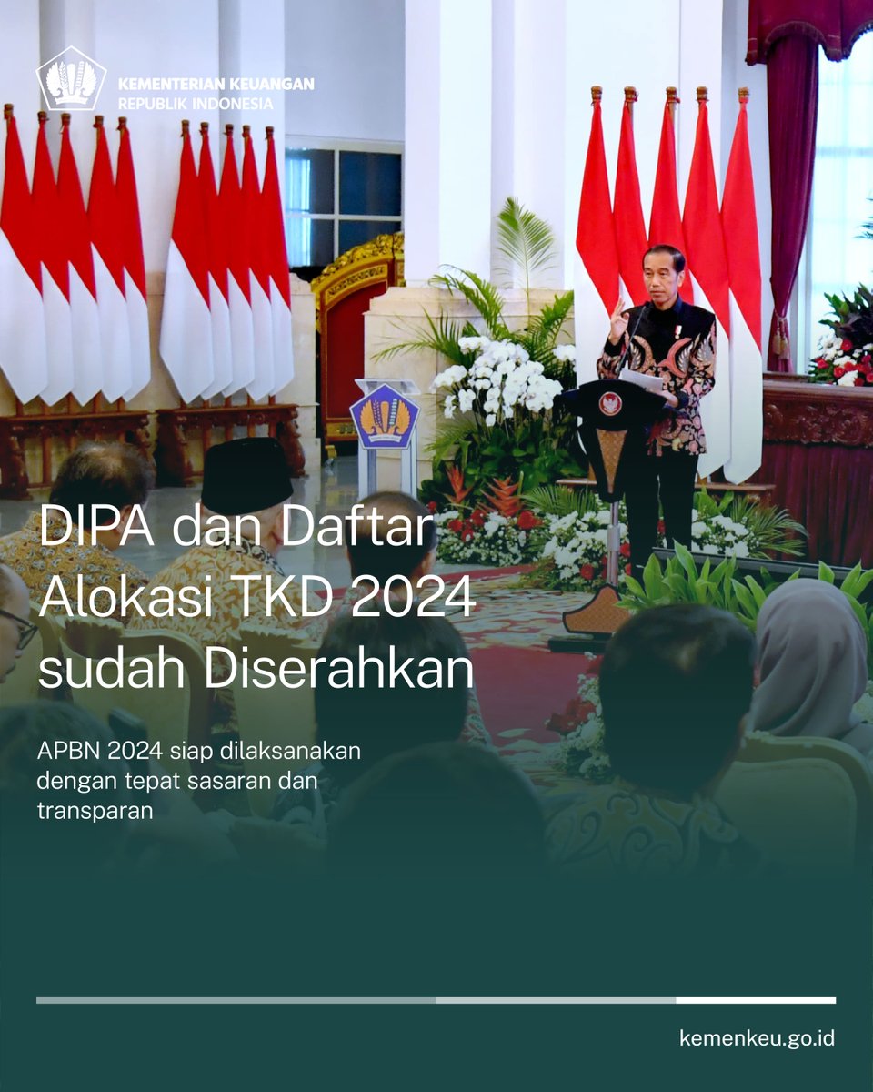 DIPA diserahkan secara fisik ❌
DIPA diserahkan secara digital ✅

Daftar Isian Pelaksanaan Anggaran (DIPA) dan Alokasi TKD 2024 sudah diserahkan.
Artinya, #UangKita siap digunakan untuk memberikan manfaat bagi masyarakat, mulai 1 Januari 2024

#APBN2024