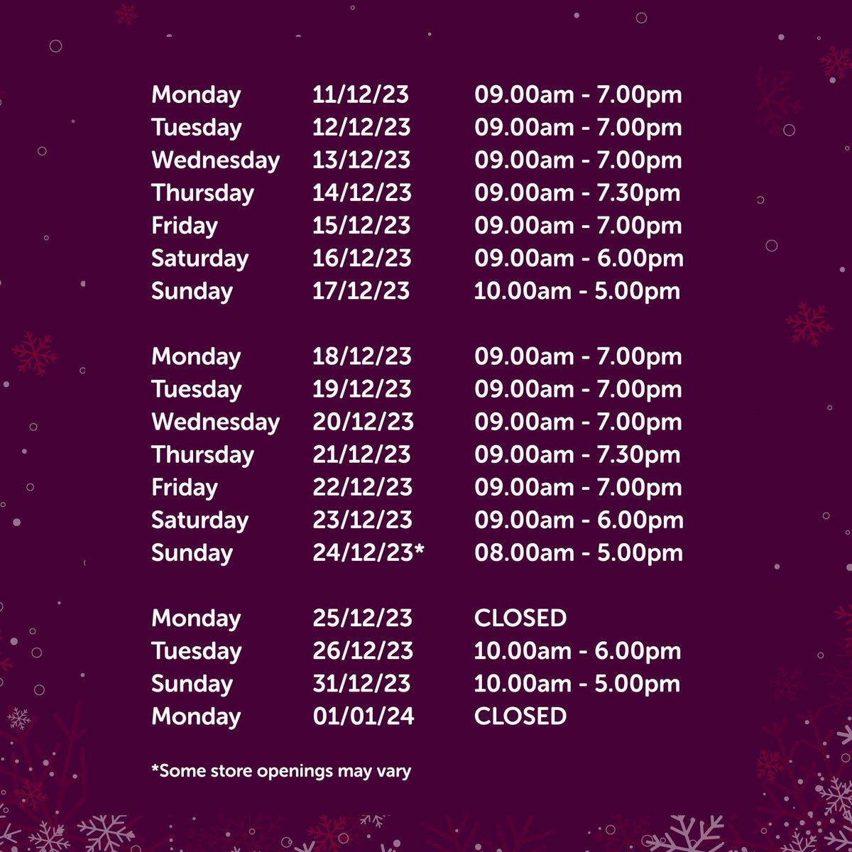 Announcement. Overgate Christmas Opening Hours. #DiscoverDundee #DiscoverOvergate #DiscoverThePerfectGift *Some store opening hours may vary.