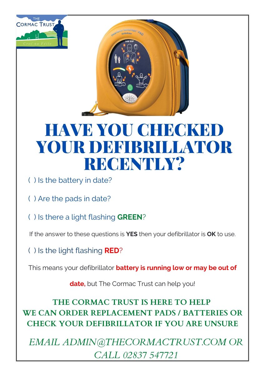 The Cormac Trust (@cormactrust1) on Twitter photo Have you checked your defibrillator recently? Are the pads & battery in date? If you require replacement pads and battery please get in contact and The Cormac Trust will be happy to help Call us on 02837 547721 or email admin@thecormactrust.com Have you checked your defibrillator recently? Are the pads & battery in date? If you require replacement pads and battery please get in contact and The Cormac Trust will be happy to help Call us on 02837 547721 or email admin@thecormactrust.com