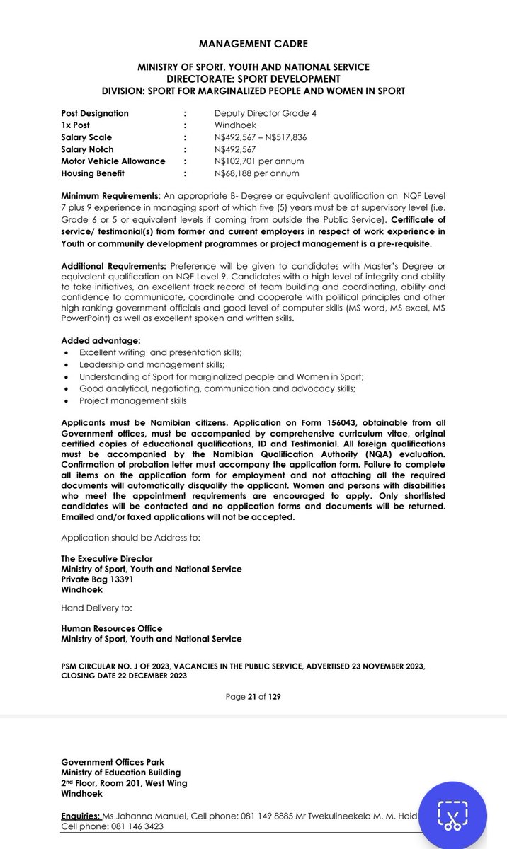 Vacancy Announcement!

Position: Deputy Director, Grade 4
Directorate: Sport Development
Division: Marginalised People and Women in Sport 

#employmentopportunity