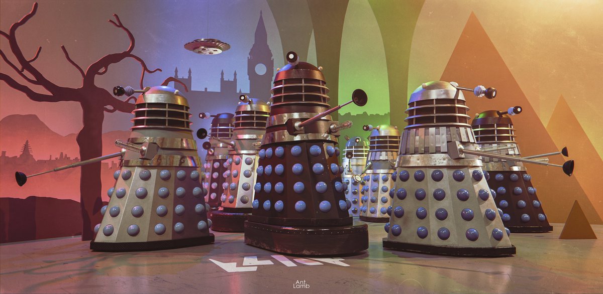 Variants of the first Doctor's era. The Daleks, The Dalek Invasion of Earth, The Chase and The Daleks' Master Plan. Black and white version in next post! #Blender3D