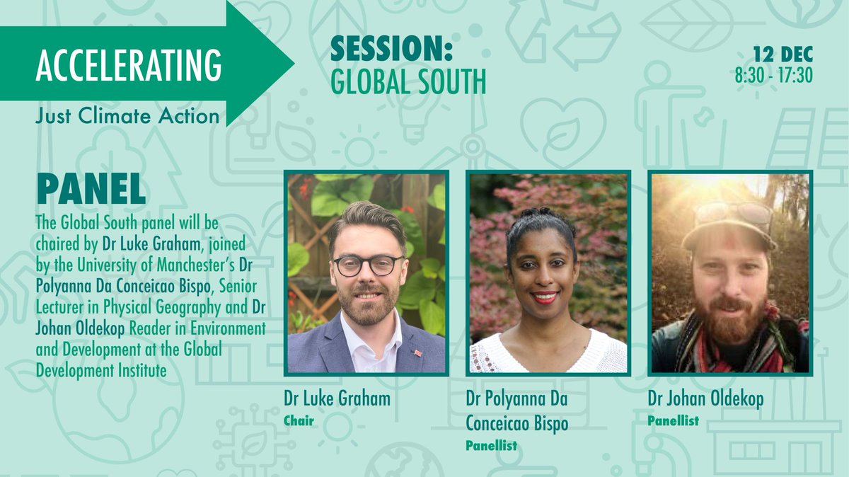 📣Introducing the Global South panel for the @SustainableUoM Accelerating Just Climate Action Conference 💠@LukeDGraham, Public Law & Human Rights, @uomsoss 💠@PolyBispo, Physical Geography 💠@madasascientist (Johan Oldekop), @GlobalDevInst 🔗Register: ow.ly/XZox50QcmXs