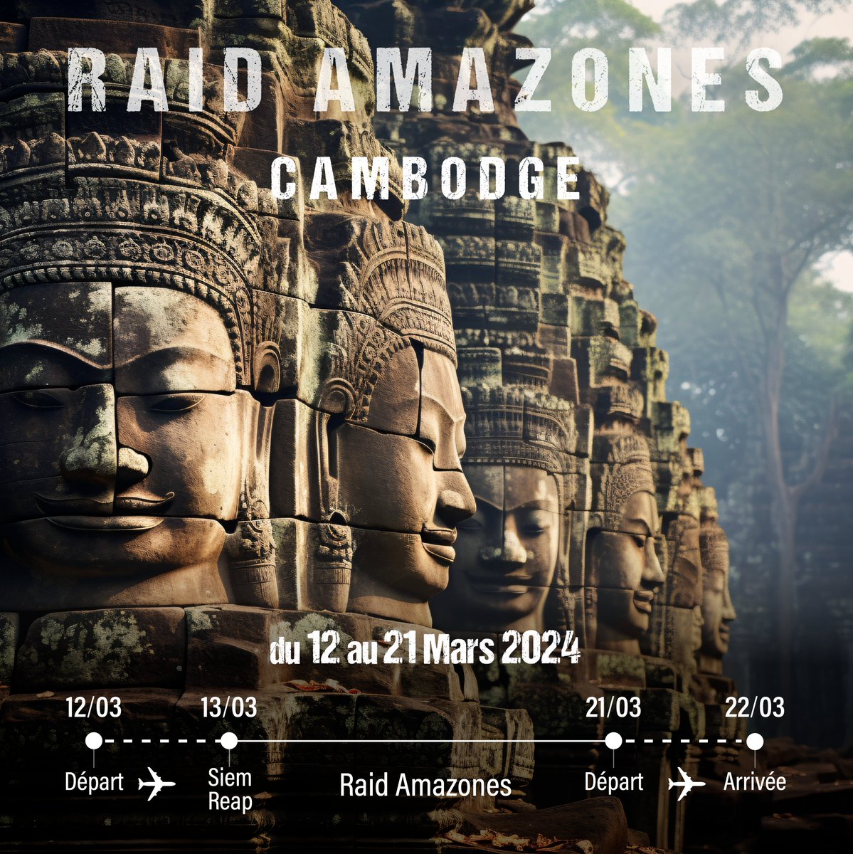 💥 Du 12 au 21 MARS 2024, le Cambodge vous attend pour une aventure inoubliable ! 🇰🇭

Une aventure à travers le sport, la découverte, le partage et la culture dans un décor de film : Siem Reap, la mythique ville des Temples d’Angkor.

En 2024, devenez une Amazone ! 🙌🏻